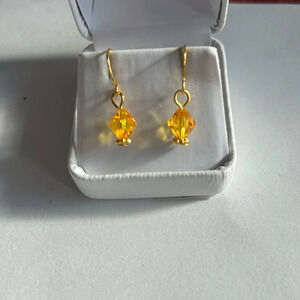 3/$20 Yellow Crystal Ornate Gold Plated Dangling Drop Earrings